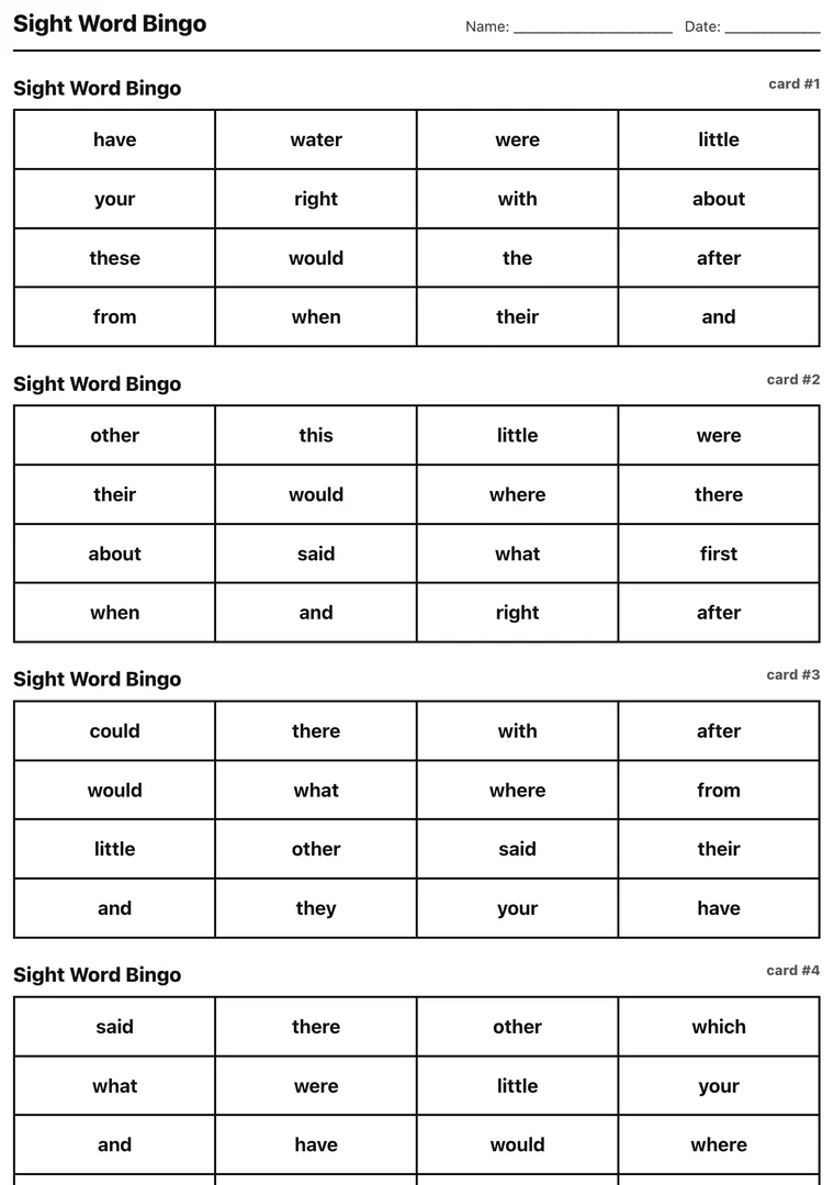 Printable bingo cards, two per page, each with a different arrangement