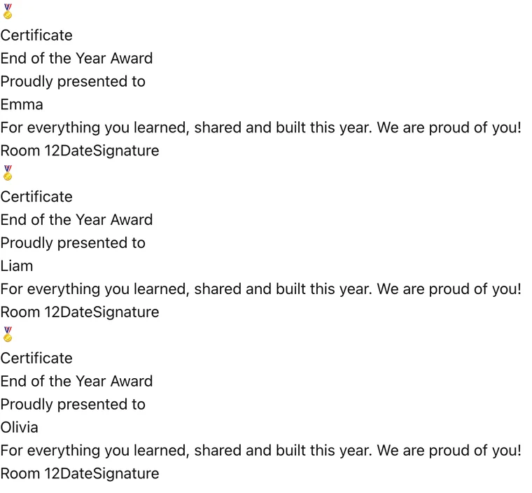 Printable award certificate with name, reason and date