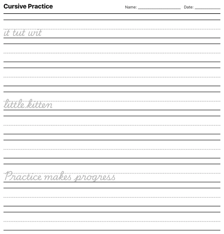 Printable cursive handwriting worksheet with joined letters on ruled lines