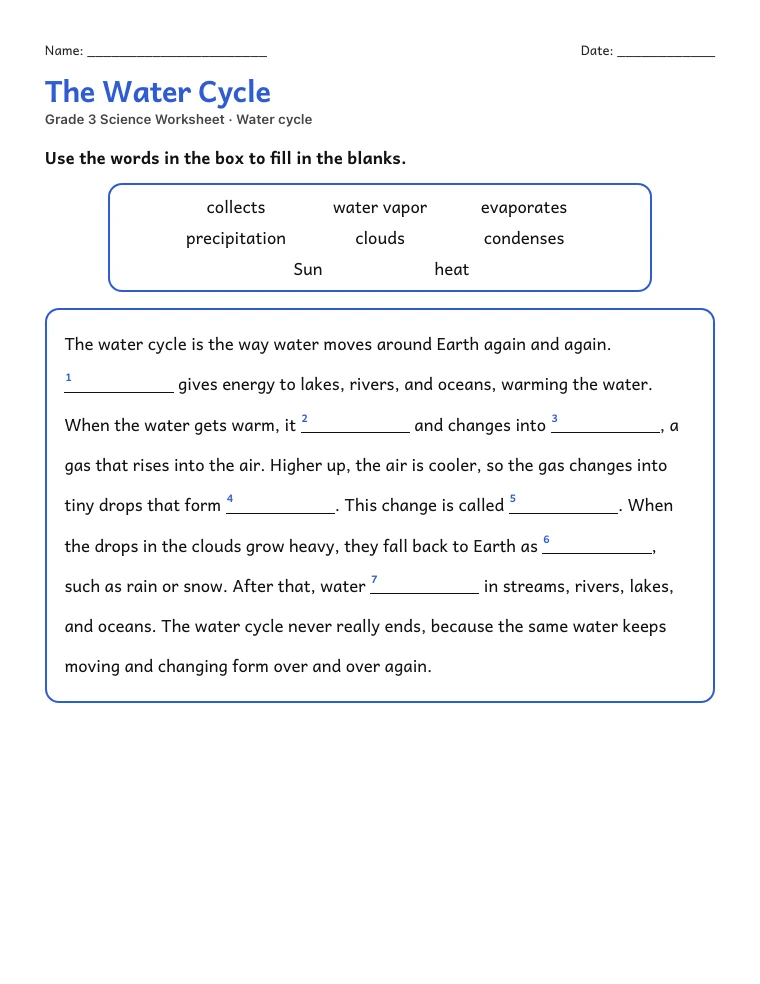 Fill in the blank paragraph worksheet with a word bank and numbered blanks