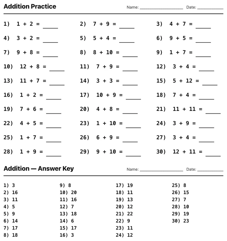 Printable math worksheet with addition problems in columns