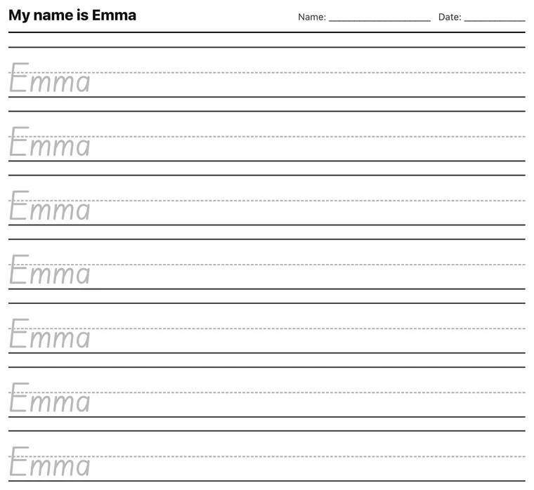 Printable name tracing worksheet with traceable letters on ruled guides