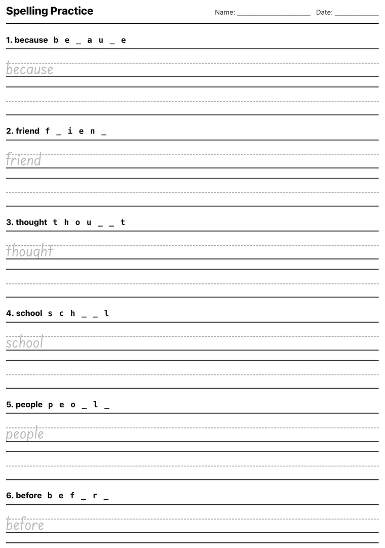 Printable spelling worksheet with trace, copy and missing-letter rows