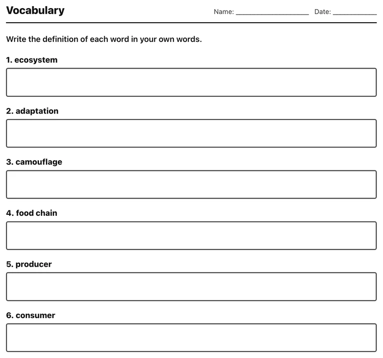 Printable vocabulary worksheet with words and boxes for definitions