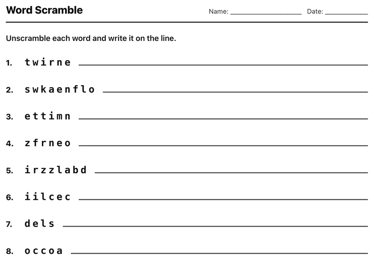 Printable word scramble worksheet with scrambled words and answer lines