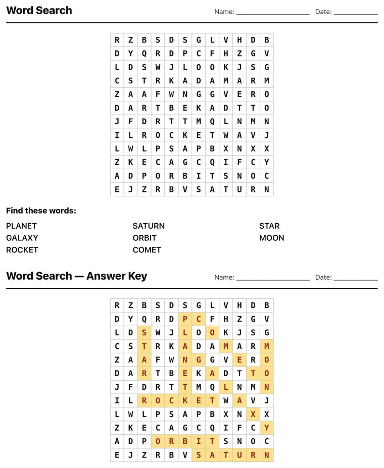 Printable word search puzzle with a highlighted answer key
